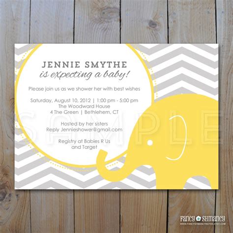 Elephant Baby Shower Invitation Grey Chevron With Yellow Etsy