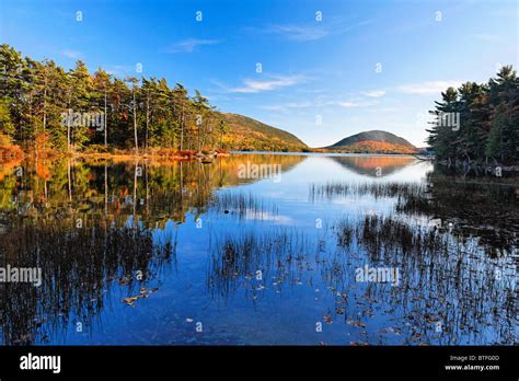 Sunny Autumn Day At Eagle Lake Acadia National Park Maine Stock Photo