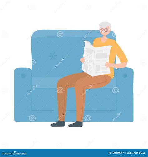 Old Man Character Reading Newspaper On Sofa Isolated Design Stock