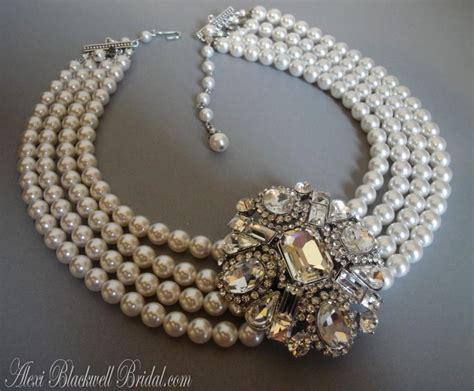 Statement Pearl Necklace With Brooch In Rhinestone Multi Strands Swarovski Pearls Bridal