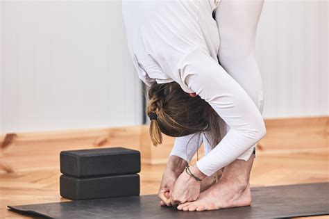 Middleaged Woman Doing Forward Bend Yoga Pose Padangusthasana No