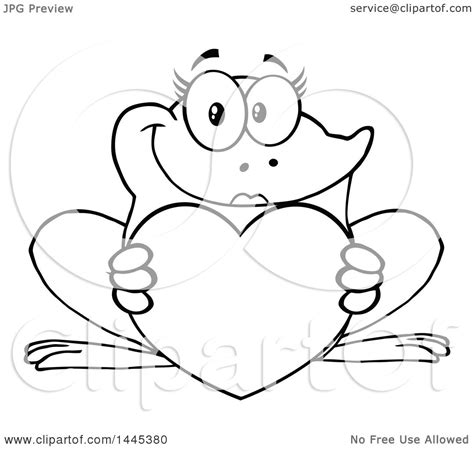 Clipart Of A Cartoon Black And White Lineart Female Frog Holding A