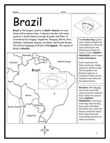 Brazil Introductory Geography Worksheet Black And White Teaching
