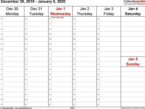 Weekly Printable Calendar 2020 Free Letter Templates