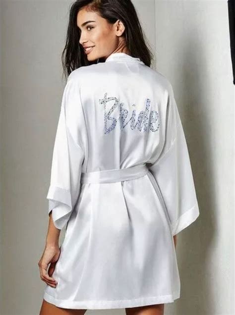 Victoria Secret Silky Bridal Robe Wrhinestone Bride Script In White