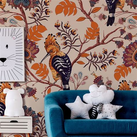 Orange And Navy Wallpaper With Hoopoe And Floral Pattern For Etsy