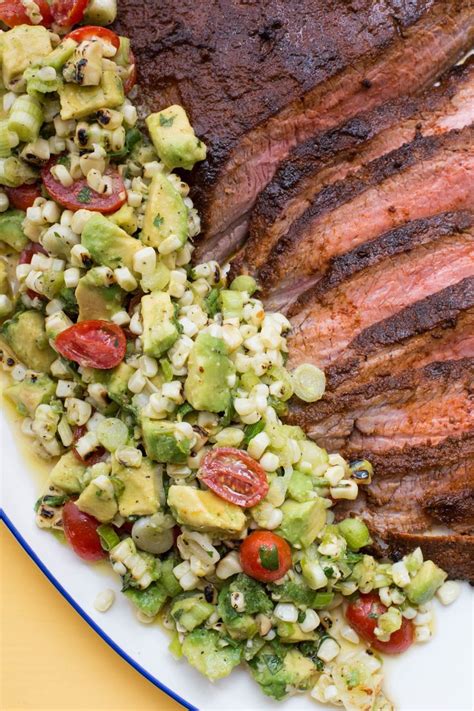 Chili Rubbed Flank Steak With Corn Tomato And Avocado Salad Recipe Grilled Steak Dinner