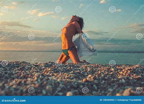 Sensual Girl With Body Relax On Beach Girl With Naked Chest Sit On Sand In Sunlight Stock
