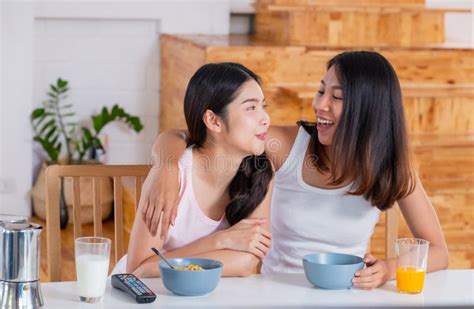 Happy Asian Lesbian Woman Couple Have Breakfast At House In Morning With Love And Tender Lgbtq