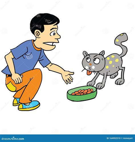 Cartoon Boy Give Food To Cat Stock Vector Illustration Of Lifestyle