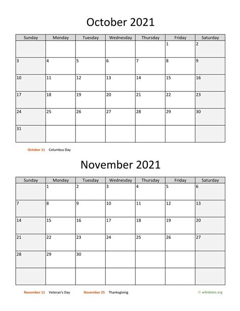 October And November 2021 Calendar