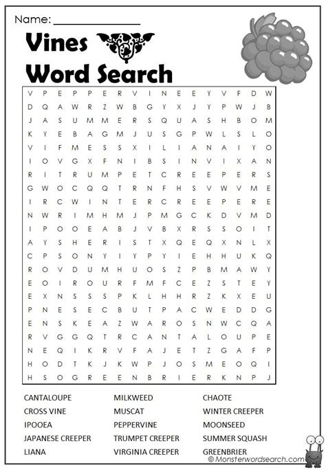 Vines Word Search Monster Word Search Word Find Kindergarten