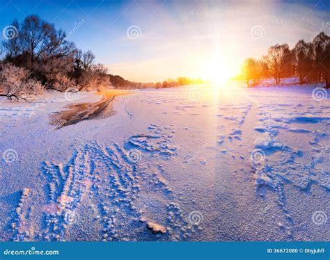Sunrise Over The Frozen River Stock Photo Image Of Morning