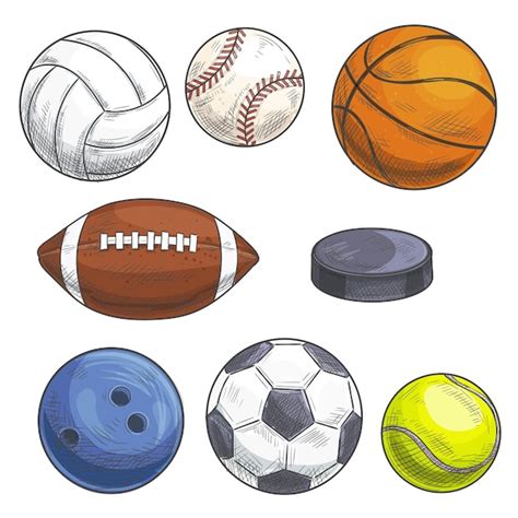 Спортивные мячи набор рисованной цветной карандаш эскиз иконки