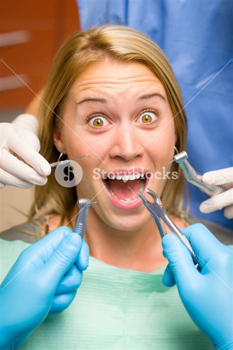 Scary Dental Tools Crazy Woman Patient At The Dentist Royalty Free