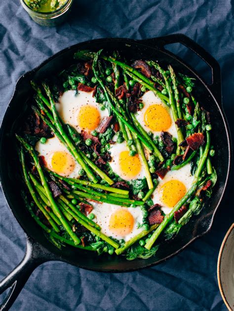 Easy Spring Veggie Egg Skillet With Bacon And Herbed Almond Pesto