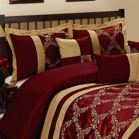7 Piece Comforter Set Queen Burgundy And Gold Embroidered