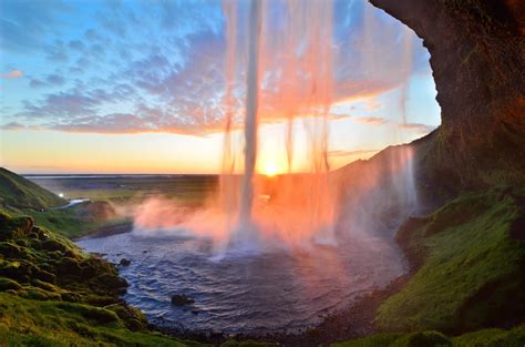 Waterfalls And Rock Formations Nature Waterfall Sunset Iceland Hd