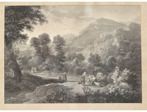 Mountain Landscape Engraving Characters Shepherd Path Trees Engraving