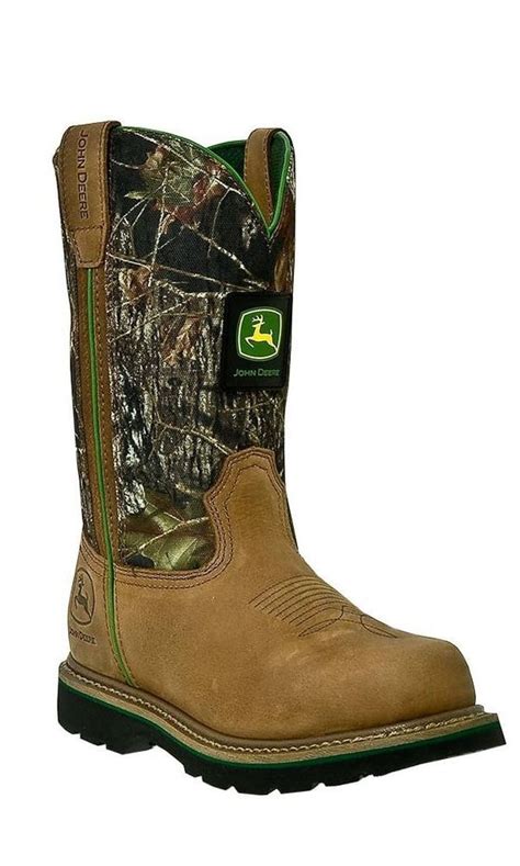 John Deere Work Boots Mens Round Toe Cowboy Tan Mossy Oak Jd4148