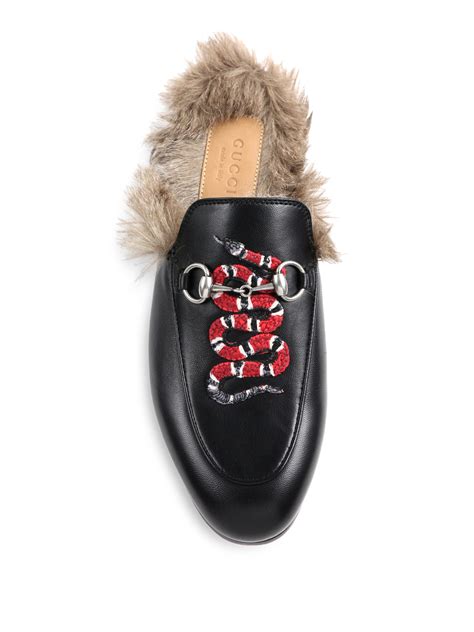 Gucci Princetown Fur Lined Snake Leather Slippers In Black Lyst