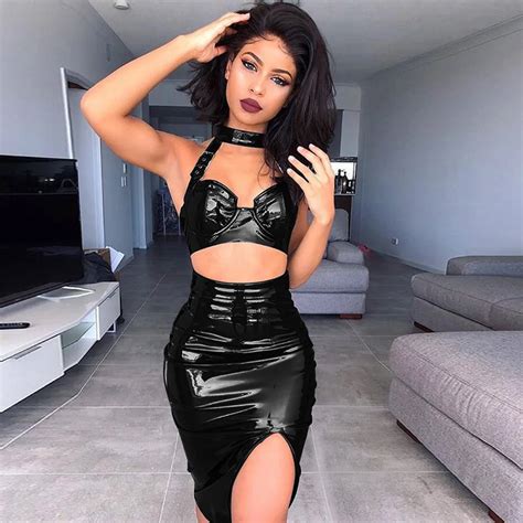 2019 Womens Sets Pu Leather Sexy Club Slim Halter Crop Tops And Skirts