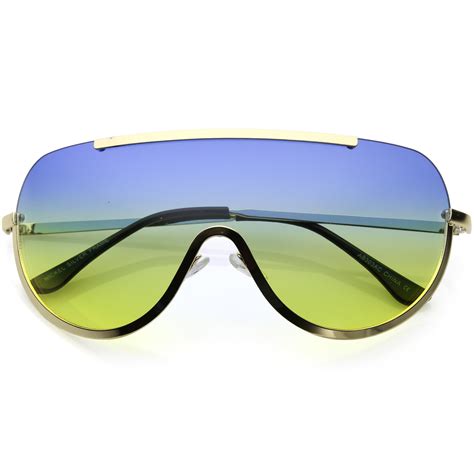Oversize Semi Rimless Shield Sunglasses With Metal Trim Gradient Colored Mono Lens 65mm Gold