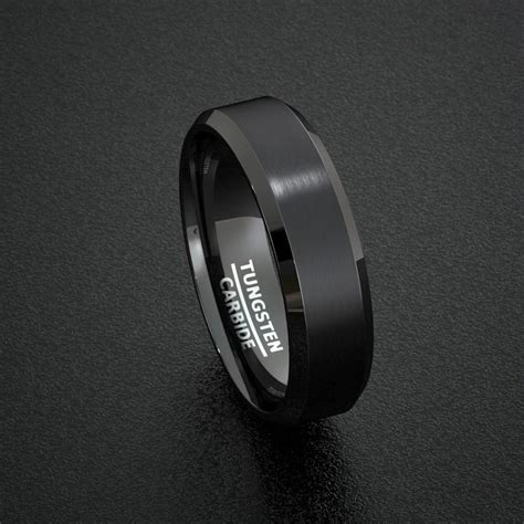 Mens Wedding Band Black Matte Surface Beveled Edge Ring Comfort Fit 