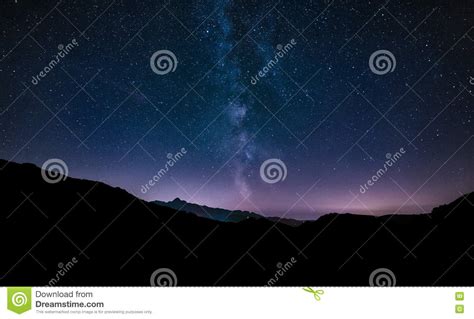 Purple Night Sky Stars Milky Way Galaxy Across Mountains