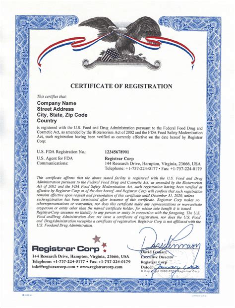 Fda Certificate Of Registration Registrar