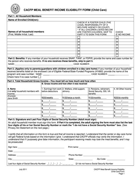 Cacfp Meal Benefit Income Eligibility Form Fill Out And Sign Online Dochub