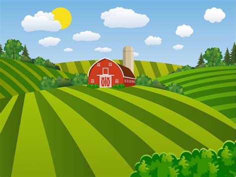 Premium Vector Cartoon Farm Field Green Seeding Field Red Barn On A