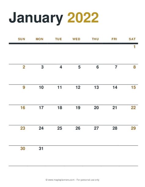 January 2022 Monthly Calendar Template Free Printables