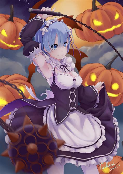 Safebooru Armpits Blue Eyes Blue Hair Blush Chain Dress Halloween Headdress Rezero Kara