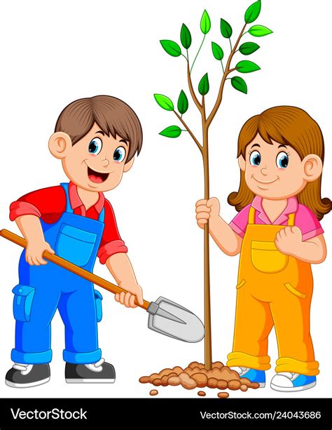 Two Kids Planting A Tree Royalty Free Vector Image