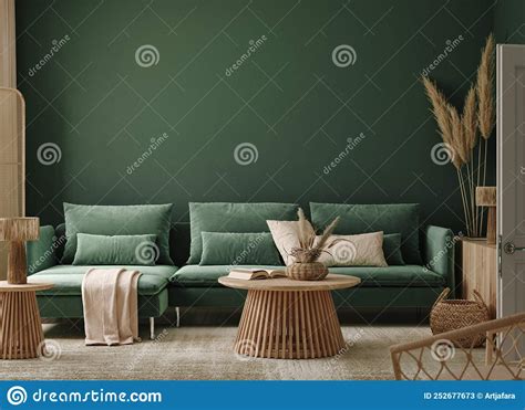 Home Interior Mock Up With Green Sofa Table And Decor In Living Room