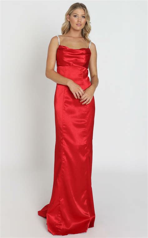 Alysha Diamante Strap Maxi Dress In Red Satin Showpo