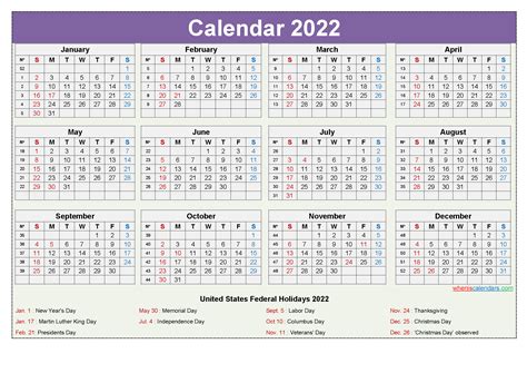 2022 Yearly Calendar With Holidays Horizontal Layout 2022 Calendar