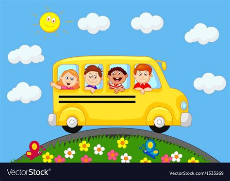 School Bus With Happy Children Cartoon Vector Image On Sekolah