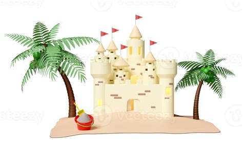 sand castle with towers fort gates and flags sandy beach palms tree coconut summer travel