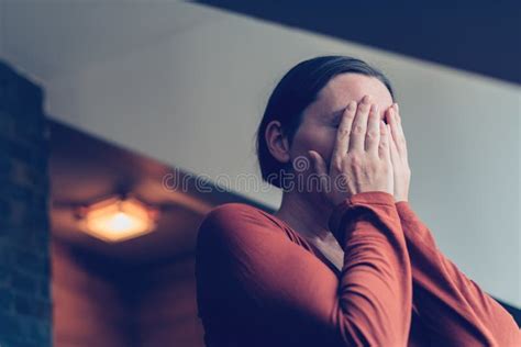 Depressed Woman Covering Face With Hands And Crying Stock Image Image