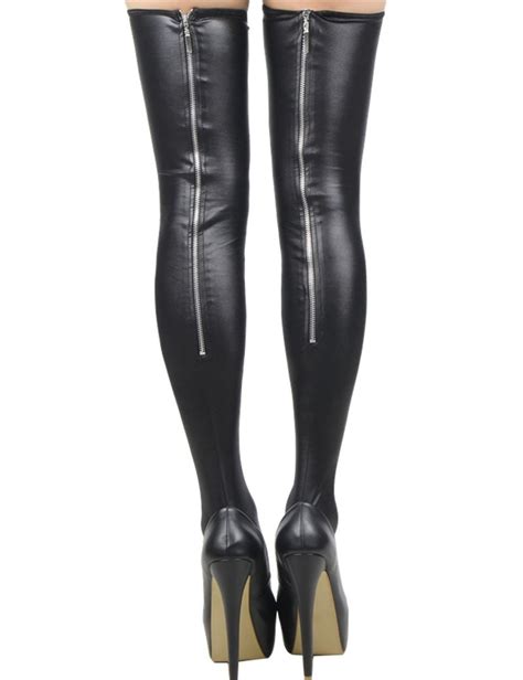 2019 New Sexy Wet Look Metal Zipper Stockings Women Pole Dance Latex