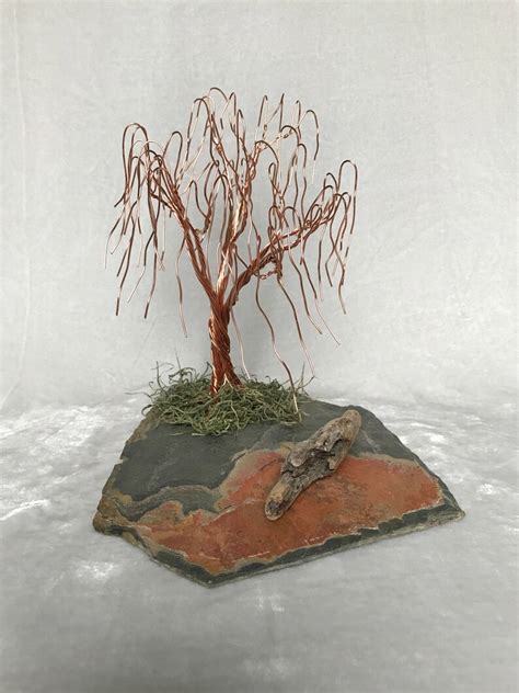 Weeping Copper Wire Tree Sculpture On Stone Slate Small Etsy