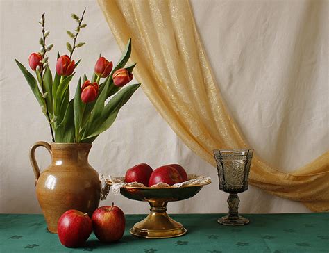 Photos Tulips Apples Flower Jug Container Shot Glass Still Life