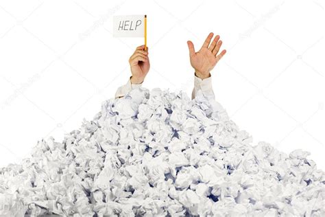 Person Under Crumpled Pile Of Papers With Hand Holding A Help Si Stock