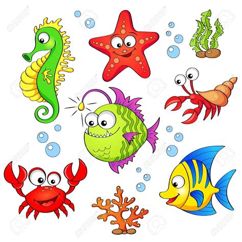Set Of Cute Cartoon Sea Animals Isolated On White Background Royalty