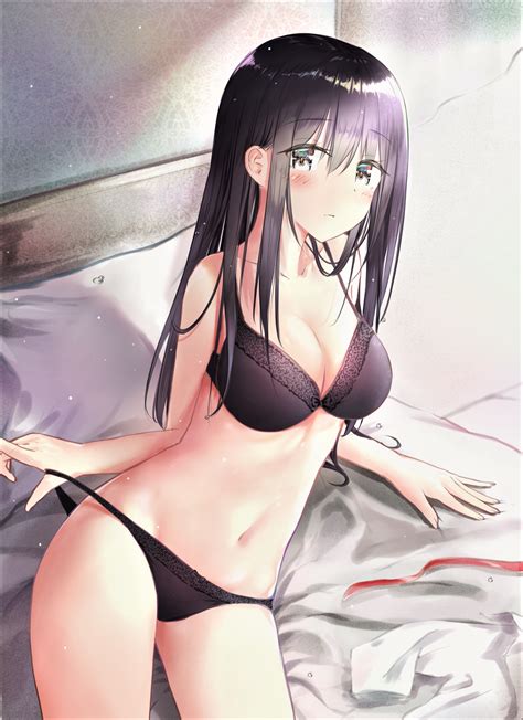 Wallpaper Boobs Bra Cleavage Panties Black Underwear Black Hair Bed Anime Girls