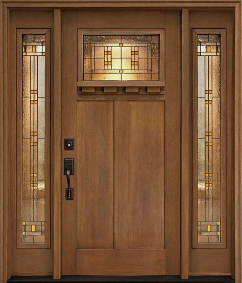 Brown Stained Oak Wood Front Door Decor With Etched Glass Panel