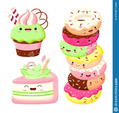 Set Of Cute Cake Muffin Cupcake Donuts Cheesecake In Kawaii Style