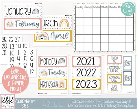 Boho Rainbow Theme Classroom Calendar Set Printable Teacher Etsy